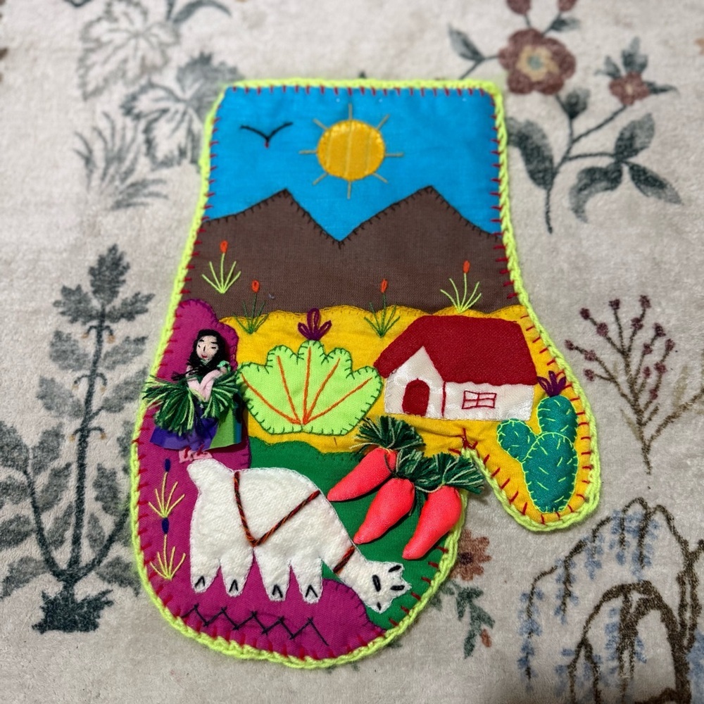 Peruvian arpillera Colorful Embroidered Oven Mitt folk art hand stitched